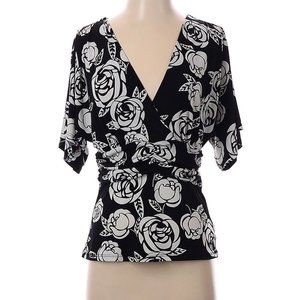 WHBM XS Rose Floral V-neck Blouse Flutter Sleeve